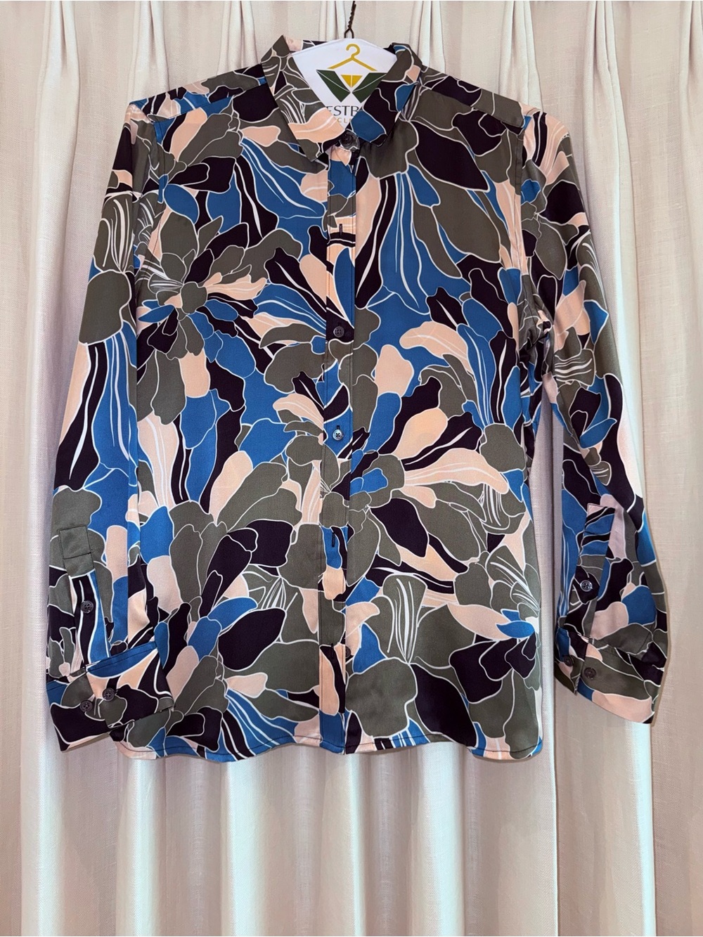 Equipment Tops Abstract Floral Button-Up Blouse in Blue, Navy & Blush